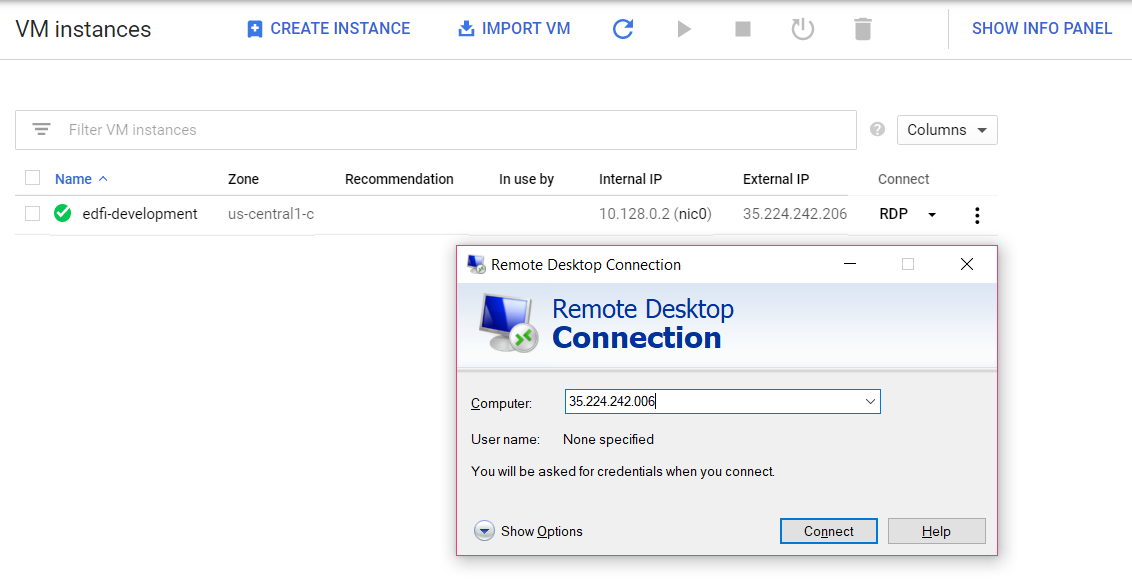 VM Instances remote desktop connection