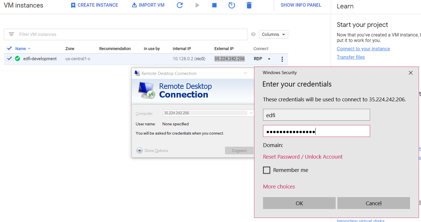 VM Instances login remote desktop connection