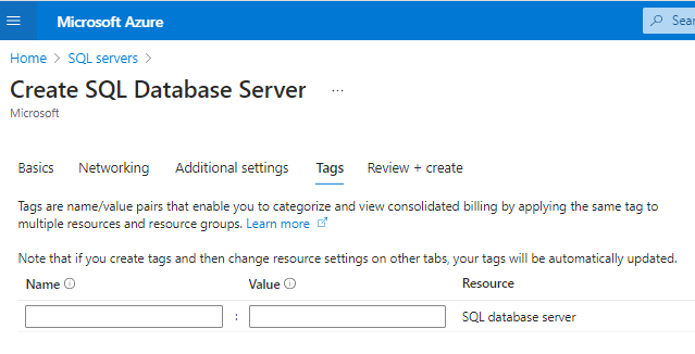 Create SQL Server tags