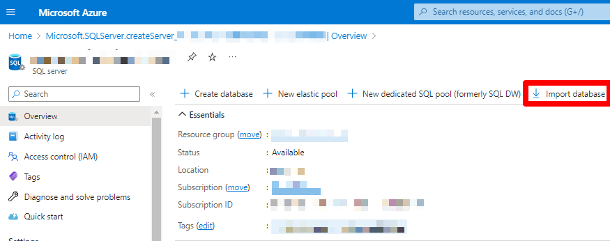 Azure select import database