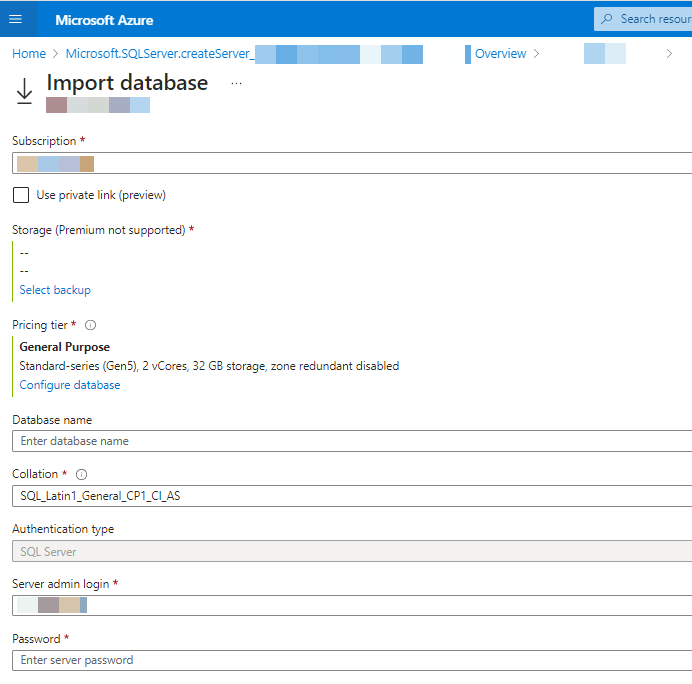 Azure import database