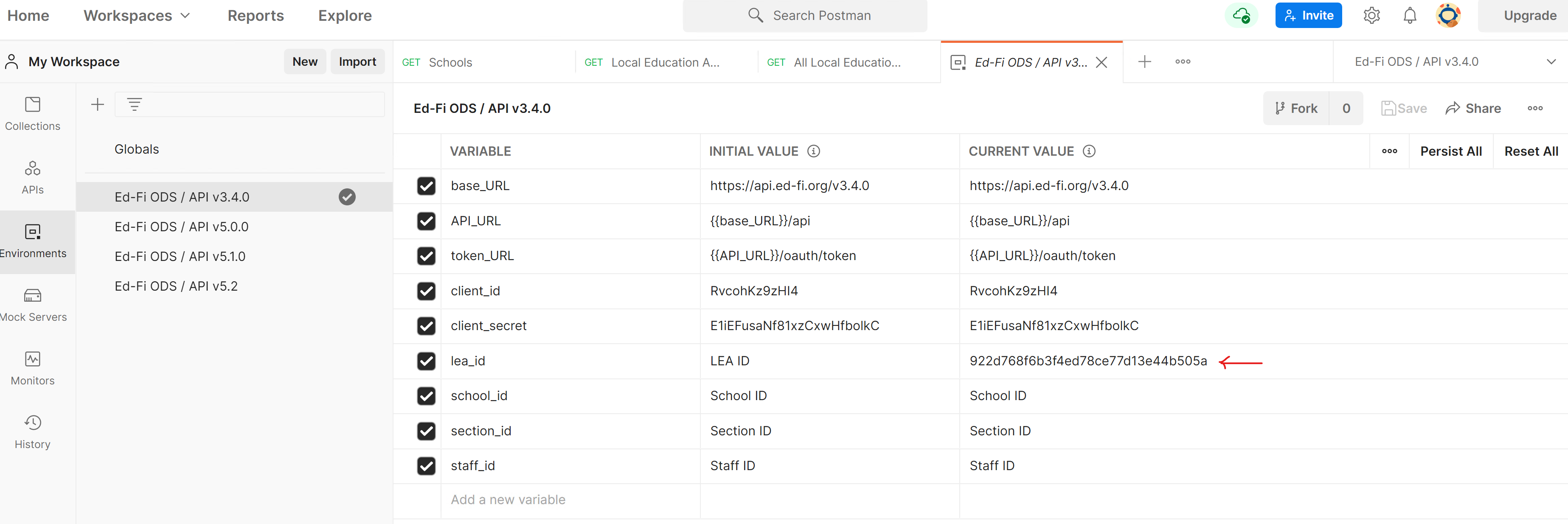 Copy and enter the ID required in the environment variables