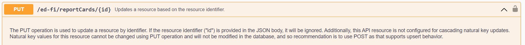 Natural natural language description of PUT operation in reportCards resource indicating that the resource does not support natural key updates